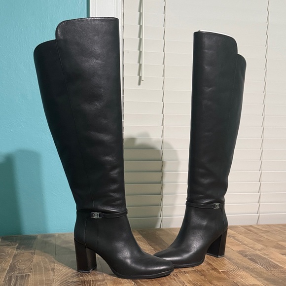 Elegant Black wide calf over the Knee block heeled Leather Boots - Picture 2 of 2